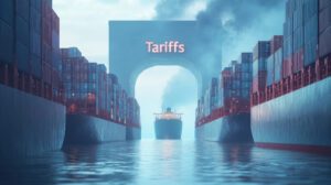 A Row Of Container Ships On Port With Inscription "tariffs" And Usa Flag